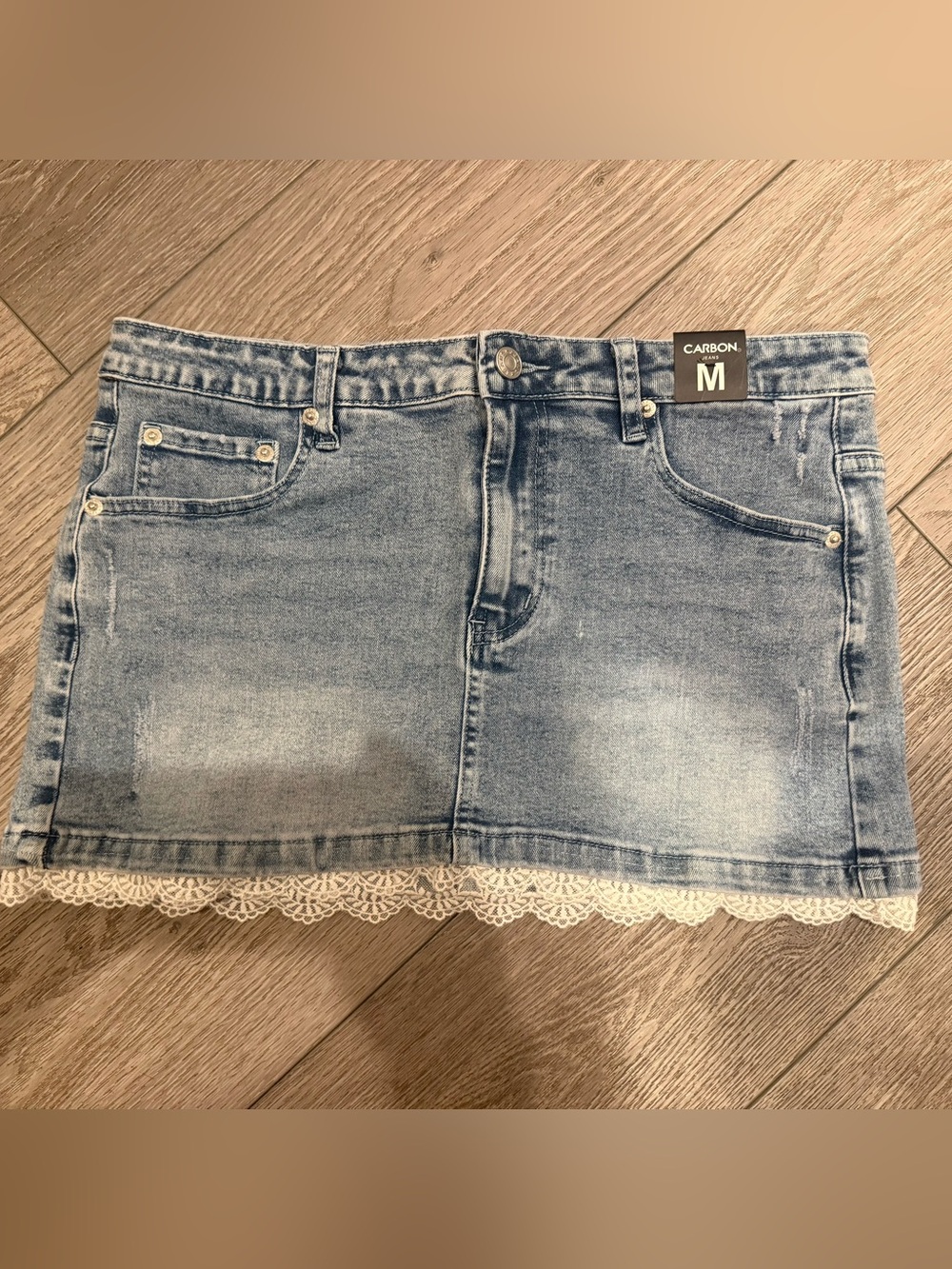 Denim Mini Skirt with Lace Trim/Carbon
